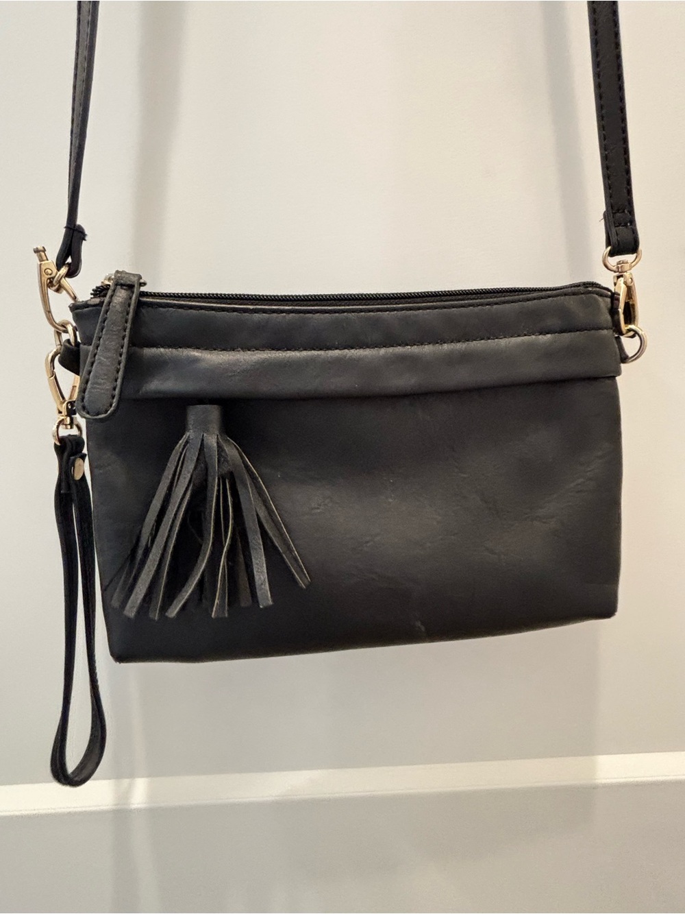 Black Faux Leather Tassel Crossbody Wristlet Shoulder Bag